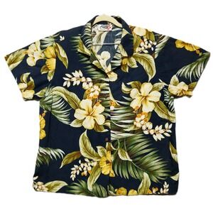 Kilani Hawaiian Shirt Womens Large Navy Blue Floral Hibiscus Cotton Made Hawaii